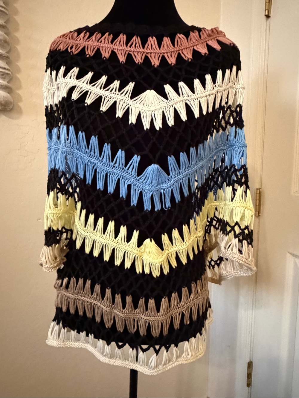 Boho Crochet Open Knit Poncho Sweater Multicolor One Size Festival